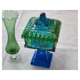 Green and Blue Glass Vases and Covered Dish