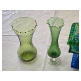Green and Blue Glass Vases and Covered Dish