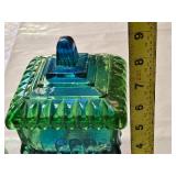 Green and Blue Glass Vases and Covered Dish