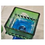 Green and Blue Glass Vases and Covered Dish