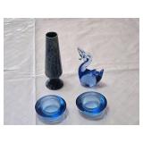 Ceramic Vase, Blue Glass Swan, and Pair of Blue Glass Candle Holders