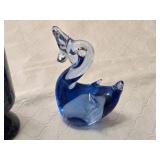 Ceramic Vase, Blue Glass Swan, and Pair of Blue Glass Candle Holders
