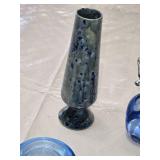 Ceramic Vase, Blue Glass Swan, and Pair of Blue Glass Candle Holders