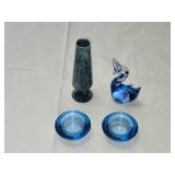 Ceramic Vase, Blue Glass Swan, and Pair of Blue Glass Candle Holders
