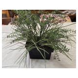 Artificial lavender plant in a black pot, set of purple glasses, and a purple glass container with lid