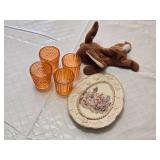 Cracker Barrel Easter Treasures Plate, Amber Glasses, and Ty Plush Rabbit
