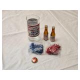 Budweiser and Bud Light Collectible includes a Bud Light glass, two miniature Budweiser bottles, and Bud-themed beaded necklaces in red and blue