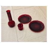 Ruby Red Glass Dishware including Decorative Plates, Votive Candle Holder, and Vase