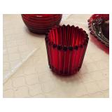 Ruby Red Glass Dishware including Decorative Plates, Votive Candle Holder, and Vase