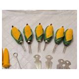 Assorted Corn on the Cob Holders, Glass Corn Dishes, and Spice Jars