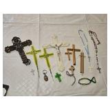 Lot of Religious Items including Crosses, Rosaries, and Keychain