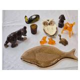 Lot of Decorative Animal Figurines from Japan and Germany, Including Owl Dish and Glass Deer