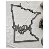 Minnesota Themed Home Decor Lot Including Metal Wall Art, Nordic Ware Cookie Stamp, and Menards Coffee Cups