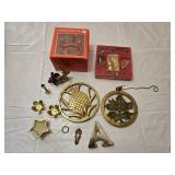 Set of Brass Holiday Decorations including Candle Holders, Musical Instrument Ornaments, and Pineapple Wall Art