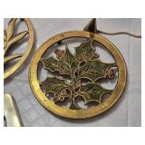 Set of Brass Holiday Decorations including Candle Holders, Musical Instrument Ornaments, and Pineapple Wall Art