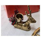 Set of Brass Holiday Decorations including Candle Holders, Musical Instrument Ornaments, and Pineapple Wall Art