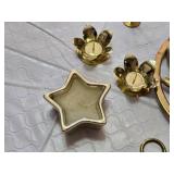 Set of Brass Holiday Decorations including Candle Holders, Musical Instrument Ornaments, and Pineapple Wall Art