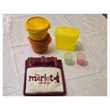Tupperware Bowls, Storage Containers, and Wine-themed Dishtowel Set