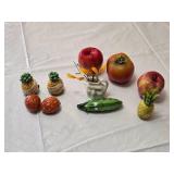 Ceramic Fruit and Kitchen Decor Lot including "Aloha" Pineapple Figurines, Tomato, Apple, and Pineapple Salt and Pepper Shakers