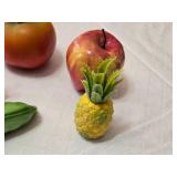 Ceramic Fruit and Kitchen Decor Lot including "Aloha" Pineapple Figurines, Tomato, Apple, and Pineapple Salt and Pepper Shakers