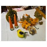 Assorted Home Decor Items including Bath & Body Works Squirrel Figurine, Gnome Candles and Audubon American Goldfinch Plush