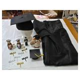 Graduation-themed Lot with Cap, Gown, and Figurines including Owl and Grad Toppers