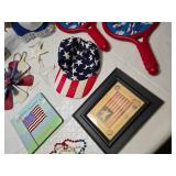 Patriotic Decor and Toy Lot Including Metal Stars, Dolls, and Paddle Games