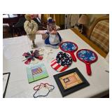 Patriotic Decor and Toy Lot Including Metal Stars, Dolls, and Paddle Games
