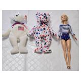 Ty Beanie Babies and Barbie Doll including Patriotic and Star Print Bears with Striped Outfit Doll
