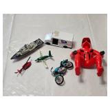 Assorted Toy Vehicles and Figure Set including Motorbike, Helicopter, Plane, Boat, USPS Van, and Red Yamaha Figure