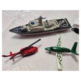 Assorted Toy Vehicles and Figure Set including Motorbike, Helicopter, Plane, Boat, USPS Van, and Red Yamaha Figure