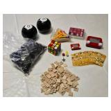 Collection of Classic Toys and Games including Dominoes, Rubik