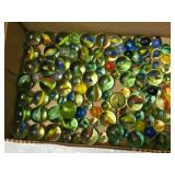 Box of Assorted Glass Marbles including Swirl Designs, Solid Colors, and Cat