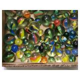Box of Assorted Glass Marbles including Swirl Designs, Solid Colors, and Cat
