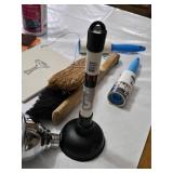 Various Cleaning and Household Items, Including UltraLuxe Detergent and Brushes