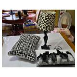 Black and White Table Lamp, Pillows with Cityscape and Geometric Patterns