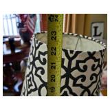 Black and White Table Lamp, Pillows with Cityscape and Geometric Patterns