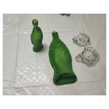 Green Glass Fish Shaped Bottle and Tray Set with Crystal Candle Holders