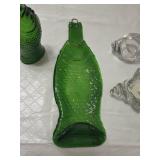 Green Glass Fish Shaped Bottle and Tray Set with Crystal Candle Holders