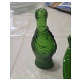 Green Glass Fish Shaped Bottle and Tray Set with Crystal Candle Holders