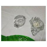 Green Glass Fish Shaped Bottle and Tray Set with Crystal Candle Holders