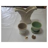 Abingdon USA Vase, Ceramic Mug, Green Flower Pot with Saucer, and Miniature Desserts - Cracks and Chips