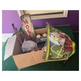 Box of Christmas Decorations including Welcome and Noel Signs, Snowman Themed Decorations, and Festive Flags