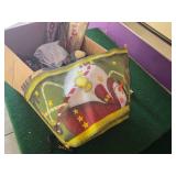 Box of Christmas Decorations including Welcome and Noel Signs, Snowman Themed Decorations, and Festive Flags