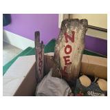 Box of Christmas Decorations including Welcome and Noel Signs, Snowman Themed Decorations, and Festive Flags