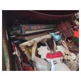 Box of assorted holiday decorations and ornaments