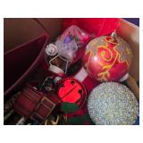 Box of assorted holiday decorations and ornaments