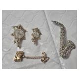 Lot of Vintage Jewelry Brooches: Cuckoo Clocks, Saxophone, and Telephone - Avon