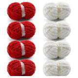 $40 8 Pack Chunky Yarn for Hand Knitting - Chunky Chenille Yarn for Crocheting - Fluffy Yarns for Crochet - Jumbo Yarns for Hand Knitting 28.4 Yds 7.7 Oz Per Roll (8, Big Red-Milky White)