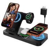 $28 Dual Phone Magnetic Wireless Charging Station for Apple Devices/Apple Ecosystem, 7-Color Auto Light & 12H Clock, Multi-Device Charger for iPhone 17/16/15, for iWatch 11/10/9 & AirPods Pro3(Black